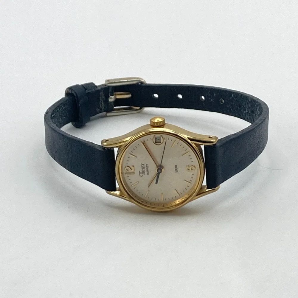 Vintage Timex Womens Watch 22mm Gold Tone Linen Dial Date New Battery SMALL 7.5